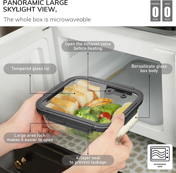 5-Pack Borosilicate Glass Containers with Tempered Glass Lids, 35.2oz/4.4 Cup Airtight Meal Prep Set, Microwave/Freezer Safe (Gray)