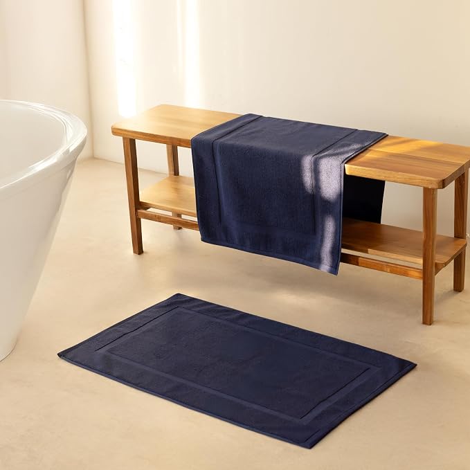 SALBAKOS 2-Piece 100% Turkish Cotton Bath Mat Towel, 20x34 inch, Navy | Bathroom Floor Towels, Thick Soft Most Absorbent Quick-Dry Durable Large Size Foot Rug, Premium Hotel Quality Made in Turkey