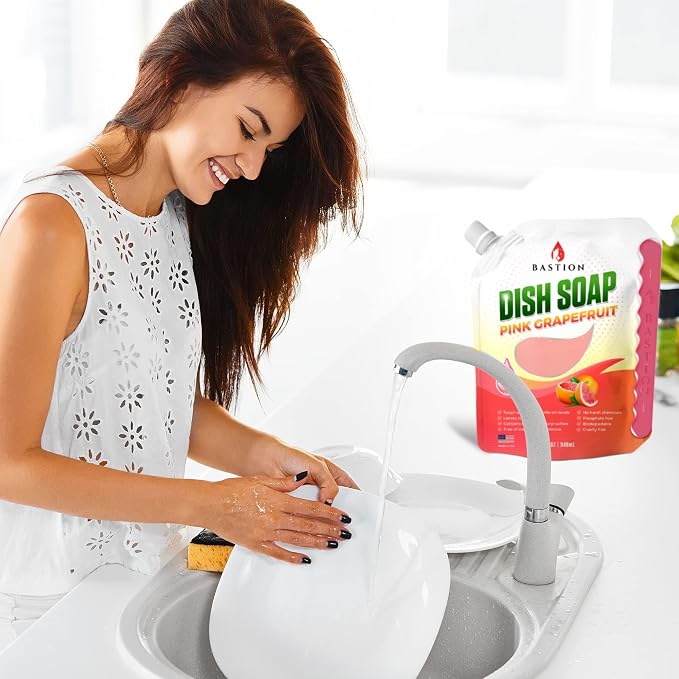 Bastion Dish Soap - Liquid Dishwashing Degreaser & Detergent - Pink Grapefruit Fragrance - (6) 32oz Refill Pouches - All Natural - Cruelty-Free