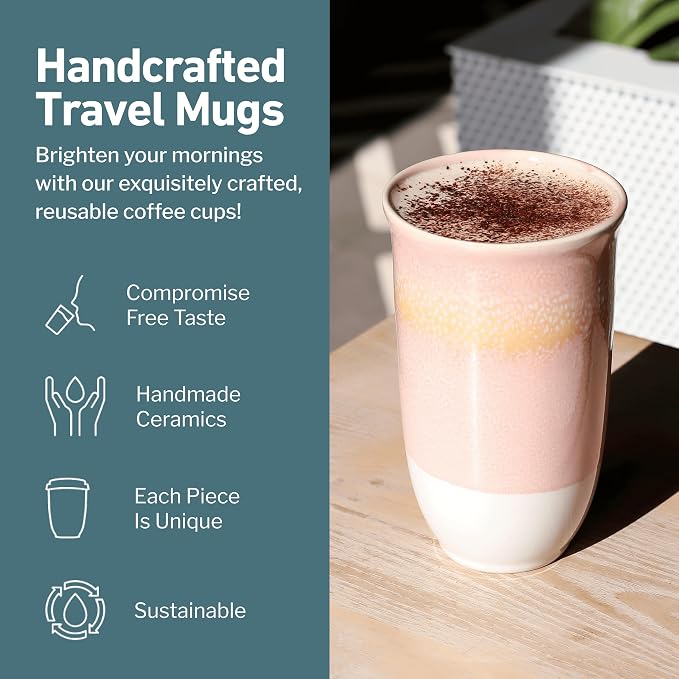NOVA CERAMICS Travel Mug On the Go Coffee Mug Microwave & Dishwasher Safe Green Tumbler - Gifts For Women Men 16oz Afterglow