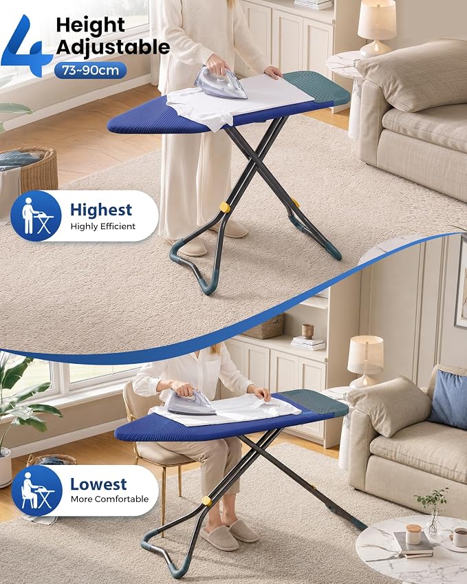 KINGBOARD 18x47 Extra Wide Ironing Board with Silicon Iron Mat, Blue | 18x47 Large Stand Ironing Board with Heat Resistant Cover, 4 Adjustable Heights Heavy Duty Leg 28" - 35" for Laundry Room