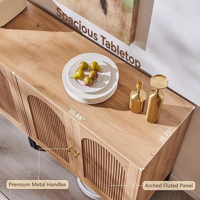 IFGET 92.63" W Modern Arched Sideboard Buffet Cabinet with Storage, Natural | Fluted Arch Sideboard Cabinet w/Adjustable Shelves, Wooden Modular Kitchen Cabinet for Dining& Living Room, Entryway