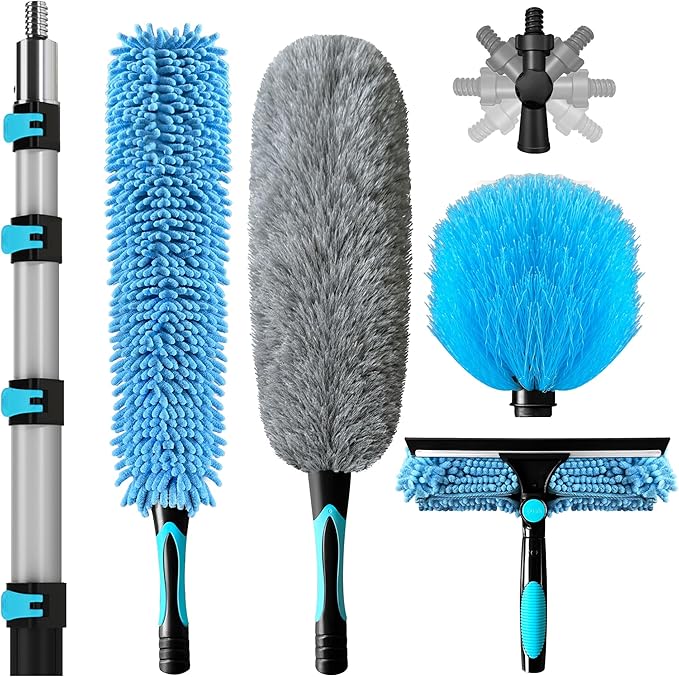 COVERONICS 25FT High Duster Cleaning Tools with 5-20FT Extension Poles | Reusable Fan Duster Cleaning Kits with Ceiling Fan Cleaner Duster, Window Squeegee, Microfiber Feather Duster & Cobweb Duster