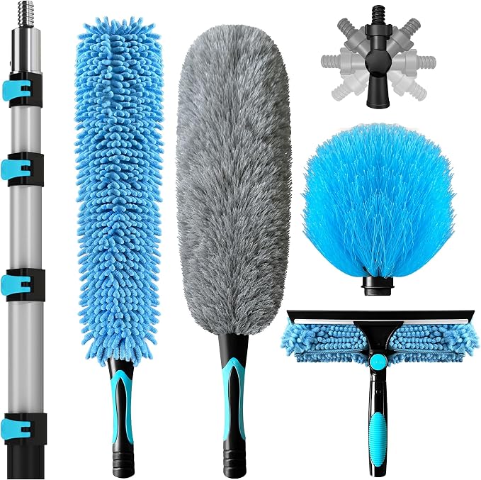 COVERONICS 30FT High Duster Cleaning Tools with 6-24FT Extension Poles | Reusable Fan Duster Cleaning Kits with Ceiling Fan Cleaner Duster, Window Squeegee, Microfiber Feather Duster & Cobweb Duster