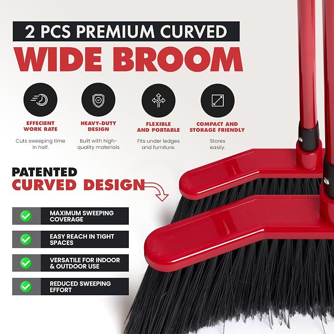 Da Vinci Angle Broom Dustpan Combo Set – Pack of 2, 16" Curved Head, 52" Adjustable Telescopic Handle, Soft PVC Bristles, Indoor Outdoor Broom and Dustpan Set for Kitchen, Pet Hair, Dust & Debris