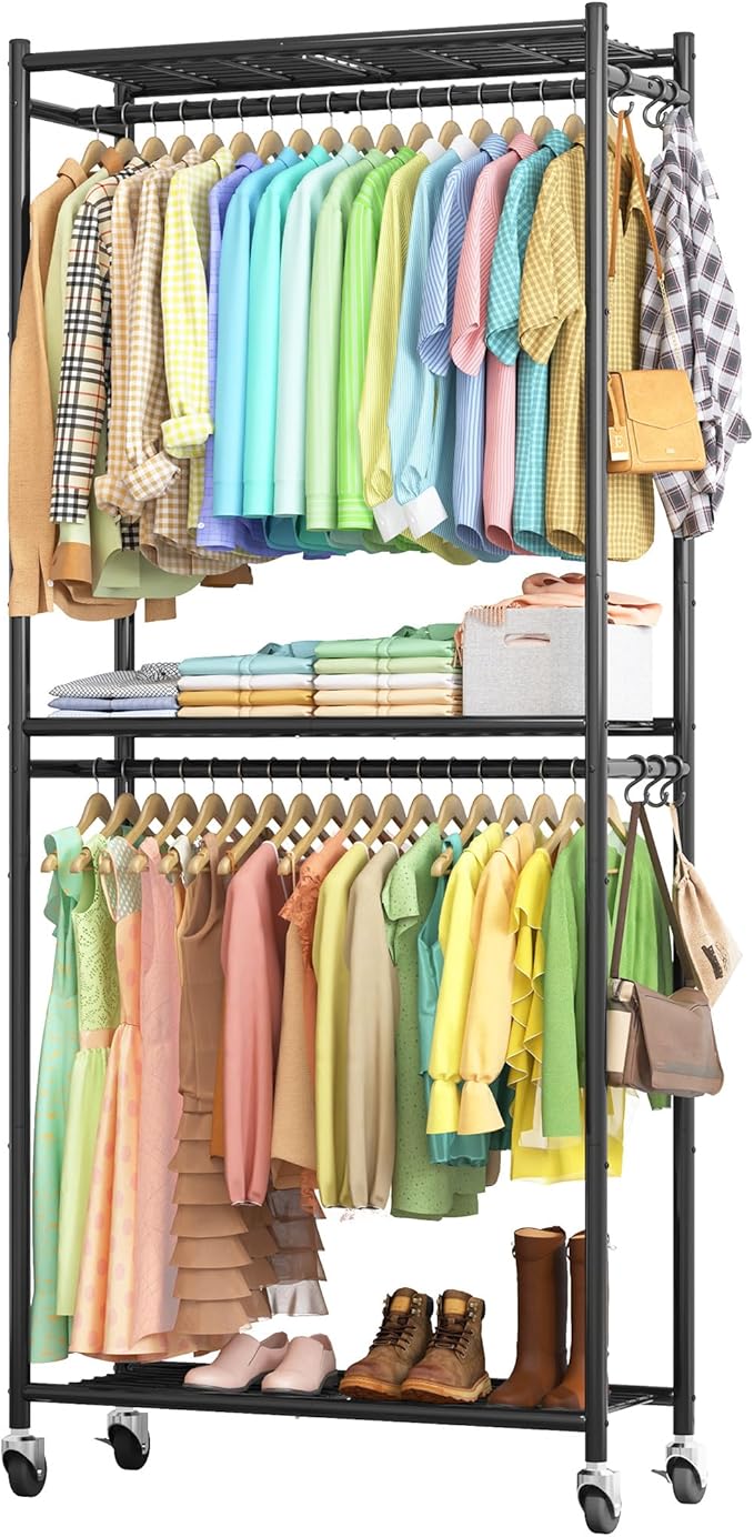 Sakugi Clothes Rack - 33.0" x 12.2" x 79.5" Clothing Rack with Shelves & Wheels, Multi-Functional Wardrobe Closet with Hooks, Sturdy Metal Garment Rack for Bedroom, Laundry, Balcony (Black)