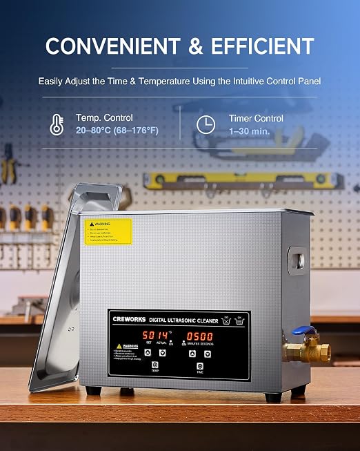 CREWORKS Ultrasound Cleaner with Heater and Timer, 1.6 gal Digital Sonic Cleaning Machine, 180W 6L Stainless Steel Jewelry Cleaner for Professional Tool Glasses Watch Retainer Denture Parts Cleaning