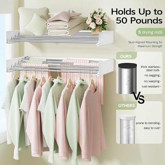 Vikaqi Wall Mounted Clothes Drying Rack 32", Foldable Wall Mount Laundry Rack Folding Indoor, Drying Rack Clothing Collapsible, Hidden Space Saver with Wall Template, 5 Rods, White