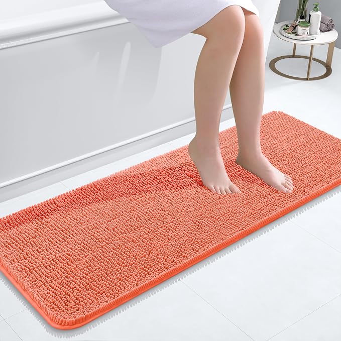 OLANLY Bathroom Runner Rugs 47x17, Extra Soft Absorbent Chenille Bath Rugs, Rubber Backing Quick Dry, Machine Washable Long Bath Mats for Bathroom Floor, Tub and Shower, Home Decor Accessories, Coral
