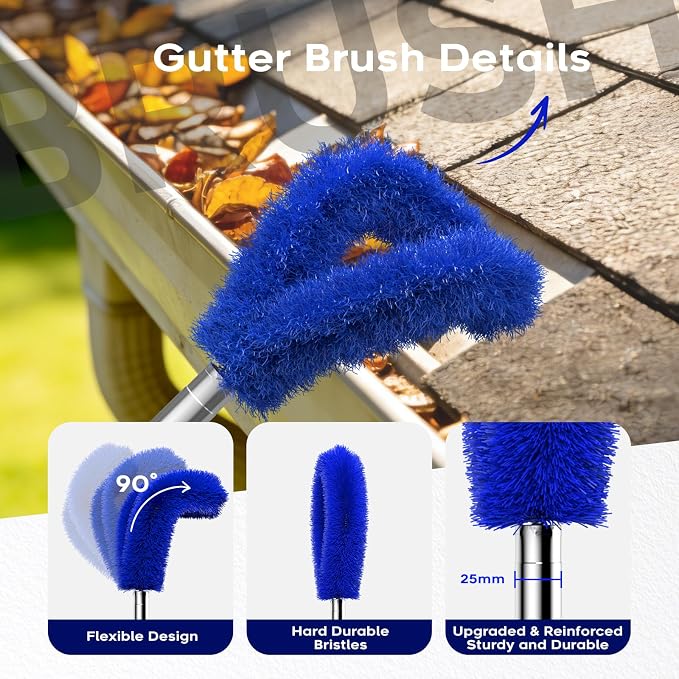 13ft Gutter Cleaning Tools From the Ground, No Ladder Needed, 3-in-1 Gutter Cleaner Pole with Replaceable Brush Rake Scoop, 180° Adjustable Angle for Leaves & Debris Cleaning with Grip Tapes, Blue