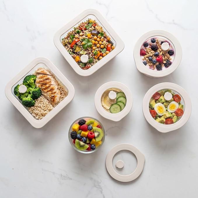 Glass Food Container Set with Glass Lid, 6 Pack, Food Storage Containers Set, Airtight, LeakProof, Micowave Safe, 100% Plastic Free, Meal Prep Containers (White Color)