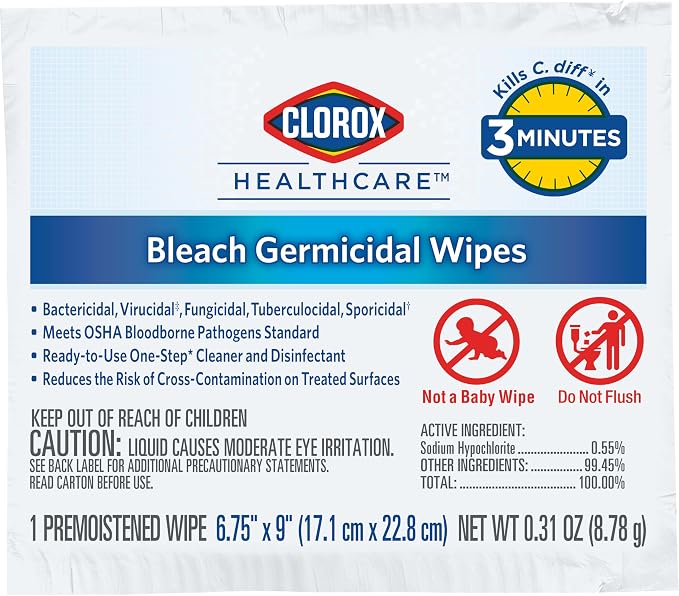 CloroxPro Healthcare Bleach Germicidal Wipes, Healthcare Cleaning and Industrial Cleaning, Clorox Wipes, 50 Count Individually Wrapped Wipes - 31424