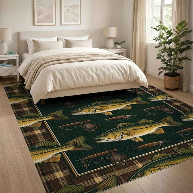 8'x10' Washable Area Rug Bass Cabin Lure Reel Motif Tackle Border Angler Fish Fishing Refined Structured Non-Slip Flatwoven for Living Room, Under Sectional, Family
