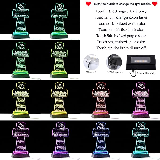 Movdyka Birthday Gifts for Dad from Daughter Son Glass Cross with Colorful Led Base, Best Dad Ever Gifts to My Dad who Have Everything, Dad Gifts Present Ideas for Fathers Day