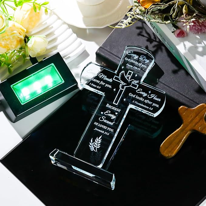 Movdyka Christian Inspirational Gifts for Women, Crystal Cross Bible Verse Plaque Decor with Light Base, Religious Faith Spiritual Prayers Encouragement Gift for Woman Men Mom Daughter Friends