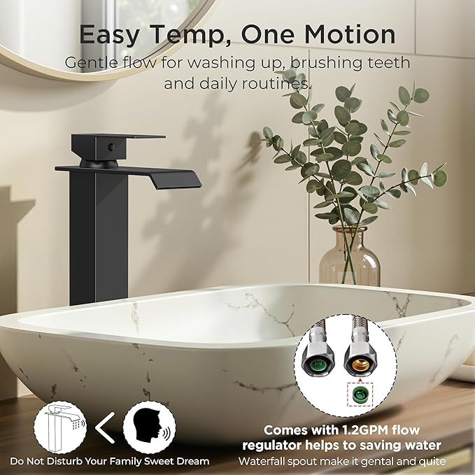 FORIOUS Matte Black Vessel Bathroom Sink Faucets 1 Hole, Tall Waterfall Bathroom Faucet Single Handle with Pop Up Drain and Supply Lines, Deck Mount