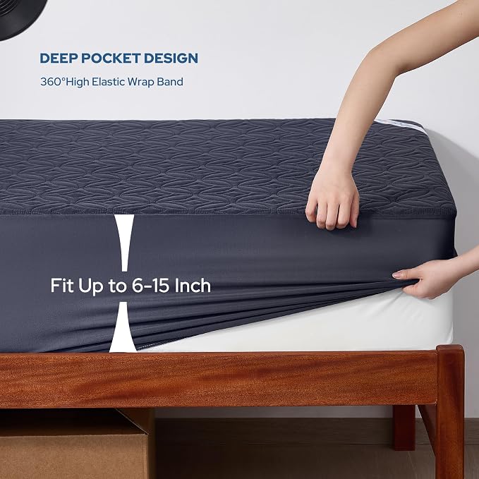 BEDLORE Waterproof Mattress Protector, Twin XL Size Mattress Pad with Deep Pocket 6"-15" Depth, Soft Dirt-Proof Double Bed Mattress Cover for Bedroom, College Dorm, Hotel (Navy Blue)