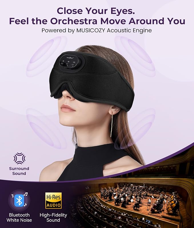 MUSICOZY 3D Bluetooth Sleep Mask with Headphones and Timer, Wireless Sleep Headphones for Side Sleepers, Eye Mask with Bluetooth Headphone, Unique Gifts for Men Women, Black