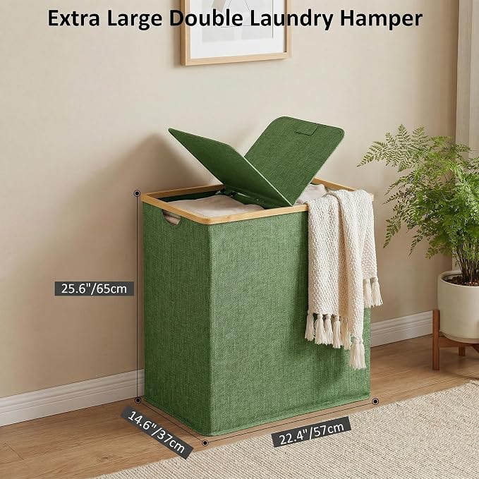 efluky Laundry Hamper with Lid, Double Laundry Basket with 2 Removable Bags, 2 Section Laundry Bin with Bamboo Handles for Bathroom, Bedroom & Laundry Room, 140L (36.9 Gallon) Sage Green