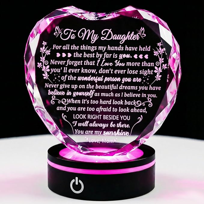 Arikyrist Daughter Gifts from Mom Birthday Gifts Ideas for Daughter Crystal Heart Keepsakes with LED Light Base Glass Meaningful Presents for Best Daughters on Christmas Graduation