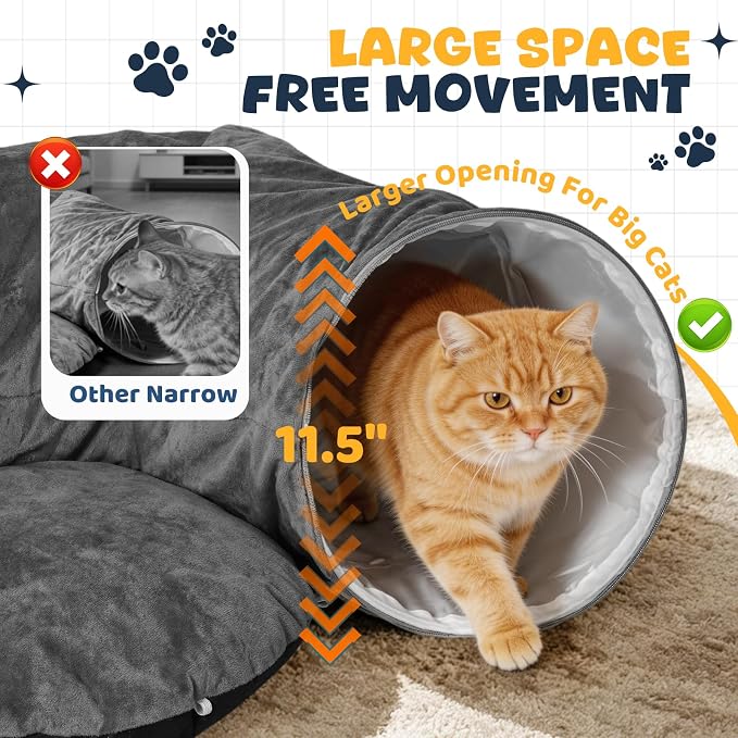 Cat Tunnel with Bed, Large Foldable Pet Donut Tunnel Interactive Cat Toys | Plush Cat Play Tunnel Toys with Ball, Peekaboo Cave Bed Cat Tunnel for Large Cats, Kittens, Rabbits, Puppies - Grey