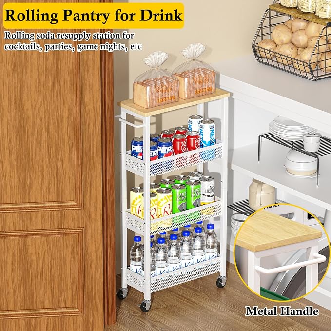 OKZEST Utility Slim Storage Cart, 4 Tier Small Rolling Kitchen Laundry Room Cart with Wood Top, Metal Narrow Bathroom Storage Cabinet Mobile Shelf Unit Organizer Trolley with Handle for Narrow Space
