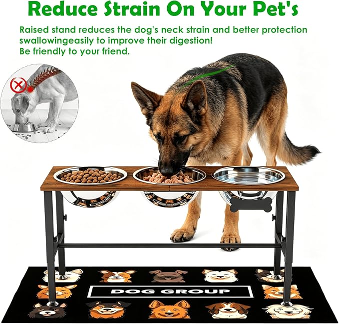 SHAINFUN Adjustable Height Elevated Dog Bowl Stand for Large & Extra Large Dogs – Wooden Raised Dog Bowls with Three 101oz Stainless Steel Bowls & Mat, Stainless Steel Food & Water Station