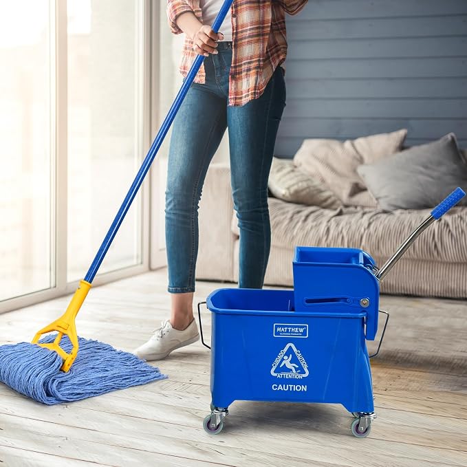 MATTHEW Cleaning Blue 22Quart Compact Mop Bucket INCL.2 Pcs Mop Head with Side Press Wringer On Wheels,Tandem Portable Floor Cleaning Wavebrake,Ideal for Household,Industrial,Restaurant,Janitorial Use