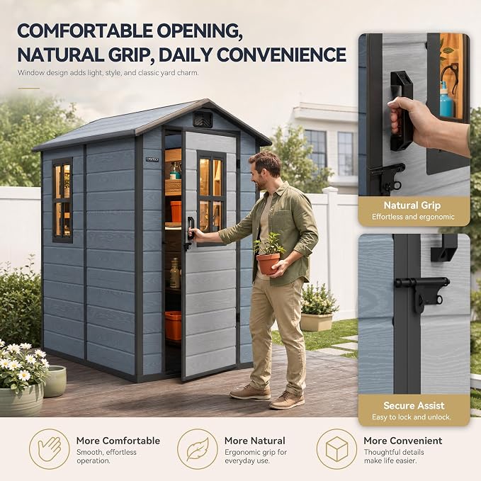 DWVO Outdoor Storage Shed 4.4×6FT, Plastic Garden Resin Shed with 2 Windows, Reinforced Floor, Door Handle, Door Lock & Vents, Outdoor Tool Shed for Backyard Patio, Stores Bike Garden Tools, Blue-Gray