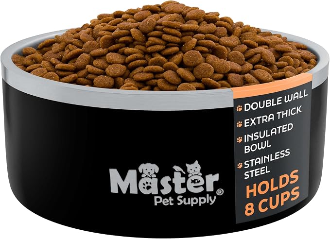 Master Pet Supply Stainless Steel Dog Bowls - 64 oz, Heavy Duty - Black Velvet, Double Wall Extra-Thick Insulated, Non-Slip Pet Water Bowl for Dogs, Cats & Pets, Anti Rust Metal, Dish Washer Safe