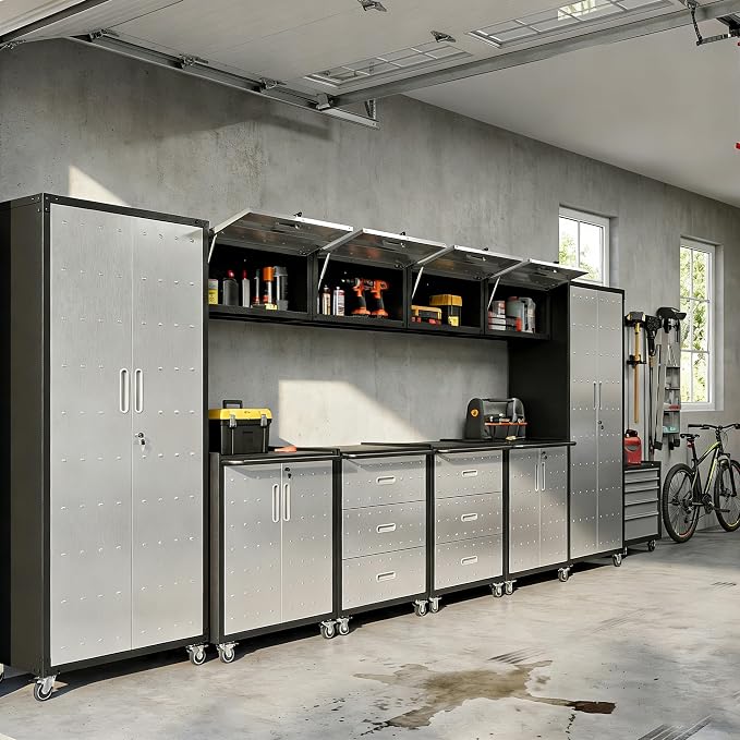 10-Piece Heavy Duty Steel Garage Cabinet System | All-in-One Modular Garage Cabinet Set for Ultimate Workshop Organization | Easy Assembly Garage Storage Cabinets & Tool Bench