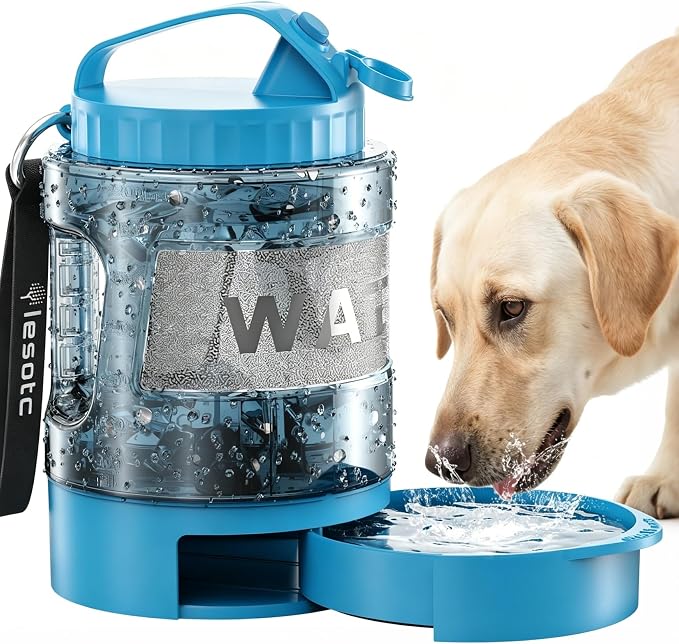 lesotc Portable Dog Water Bowl Dispenser - 77oz Travel Water Bottle with Pop-Out Drinking Bowl, No-Spill Design for Camping, Hiking & Car Rides - Keep Your Dog Hydrated Anywhere, Blue