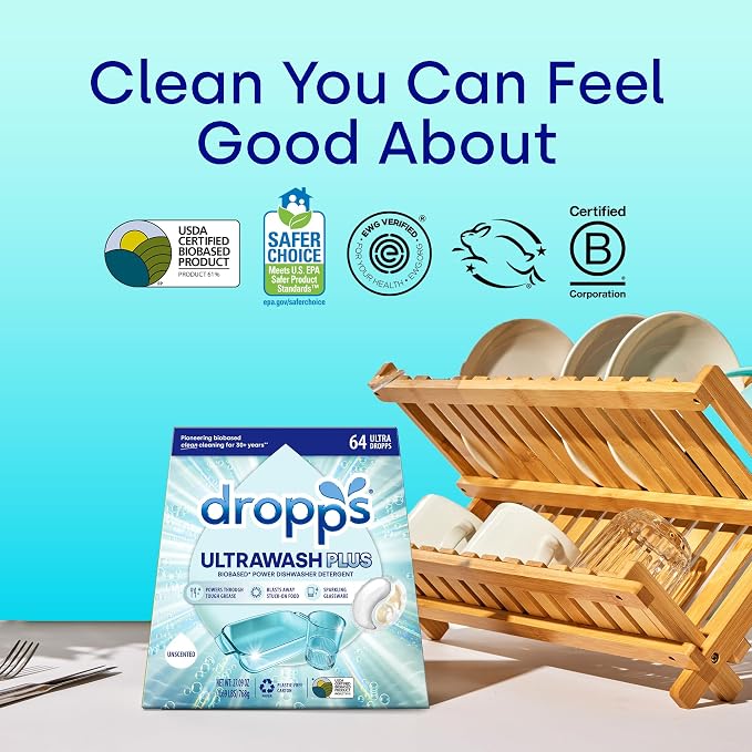 Dropps UltraWash Plus Dishwasher Detergent Pods, Unscented (64 Ct) Free & Clear | Triple Action | Built In Rinse Aid | Cuts Grease & Stuck-On Food | Sparkling Dishes | Residue-Free | Clean Ingredients