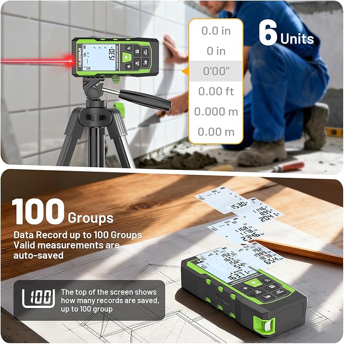 Huepar 3-in-1 Laser Measuring Tool, 400Ft Laser Measure & 33Ft Green Cross Line Laser Level & 6.5Ft Tape Measure, Rechargeable, Voice Broadcast, Multi-Mode, Rugged for Construction &Home Use, SW-T120