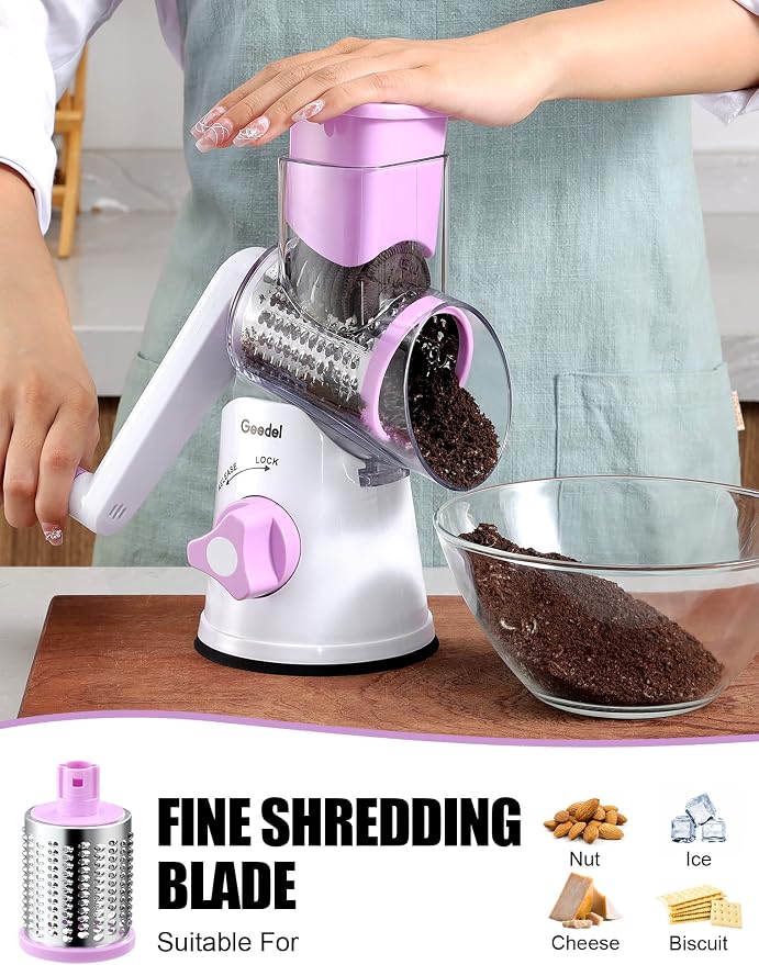 Geedel Rotary Cheese Grater, Kitchen Mandoline Vegetable Slicer with 3 Interchangeable Blades, Easy to Clean Rotary Grater Slicer for Cheese, Vegetables, Nuts