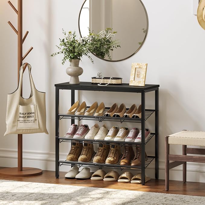 Nunsino Shoe Rack for Closet,4 Tier Shoe Organizer for Entryway,Shoe Shelf with Storage Shelves and Spacious Top,Max Holds 16 of Shoes,Black