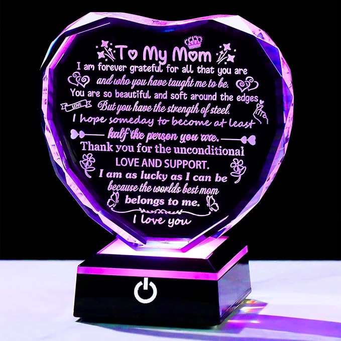Arikyrist Mothers Day Mom Gifts from Daughter Heart Crystal Keepsake to My Mom with Colorful LED Light Base Best Mom Ever Gifts on Birthday Rrtirement Anniversary