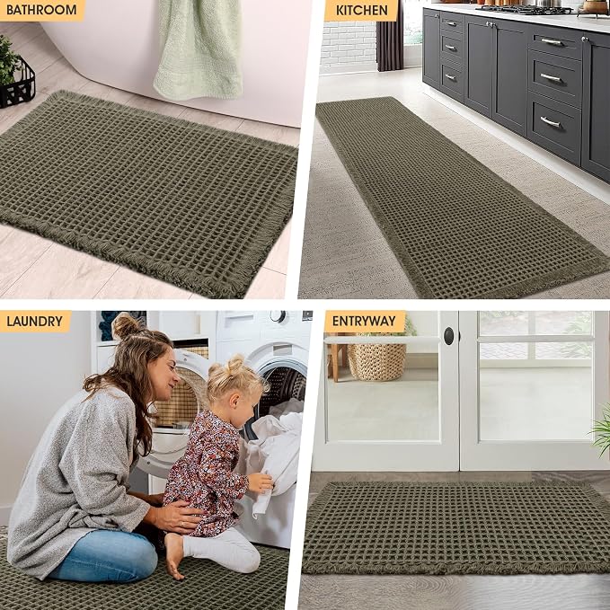IM HOME Waffle Bath Mat Set 3 Piece Olive Green,Woven Modern Bath Rug Mats, Absorbent Non Slip Bath Floor Mat, Soft Washable Boho Bath Rugs with Tassels for Bathroom, Bedroom, Kitchen,Tub