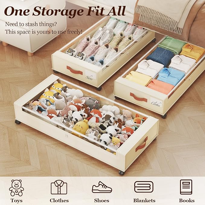 Yecaye 70 L Under Bed Storage with Wheels, 3 Pack Larger Capacity Under Bed Storage Containers, Underbed Shoe Storage Organizer, Rolling Under Bed Metal Drawers for Clothes, Blankets, Beige