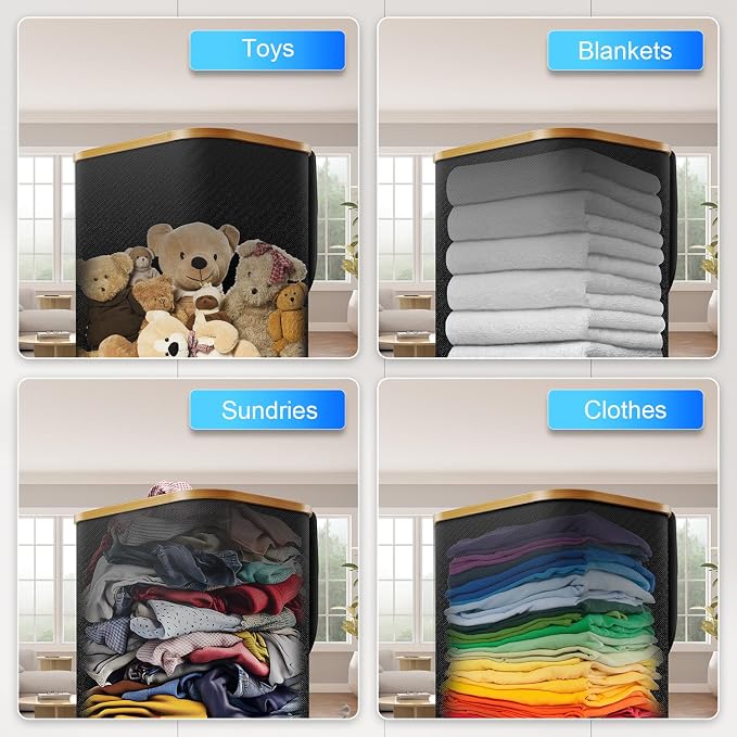 Laundry Hamper with Wheels,29 Gal (110L) Laundry Basket with lid Rolling Clothes Hamper Foldable Dirty Clothes Basket on wheels with Bamboo Frame and Bag for Bedroom, Dorm, Laundry Room-Black