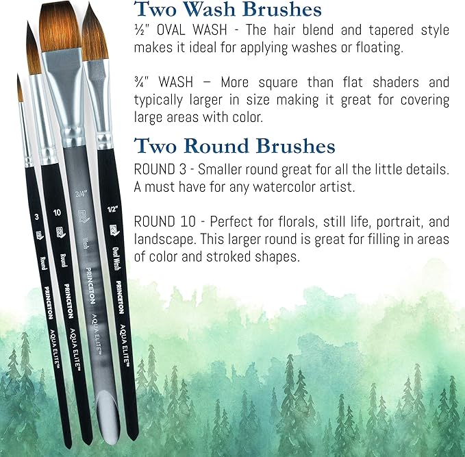 Princeton Artist Brush Co Aqua Elite 4850 Series - 4pc Watercolor Brush Set - Synthetic Watercolor Brushes Professional Kolinsky Sable Brushes - 1/2” Oval Wash, 3/4" Wash, Round 3 & Round 10