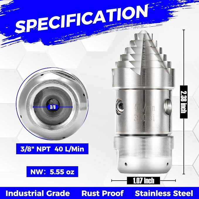 Tool Daily 3/8" NPT Sewer Jetter Rotating Nozzle, 40 L/Min, 3000 PSI | Pressure Washer Sewer Nozzle for Drain, Pipe Cleaning, Stainless Steel