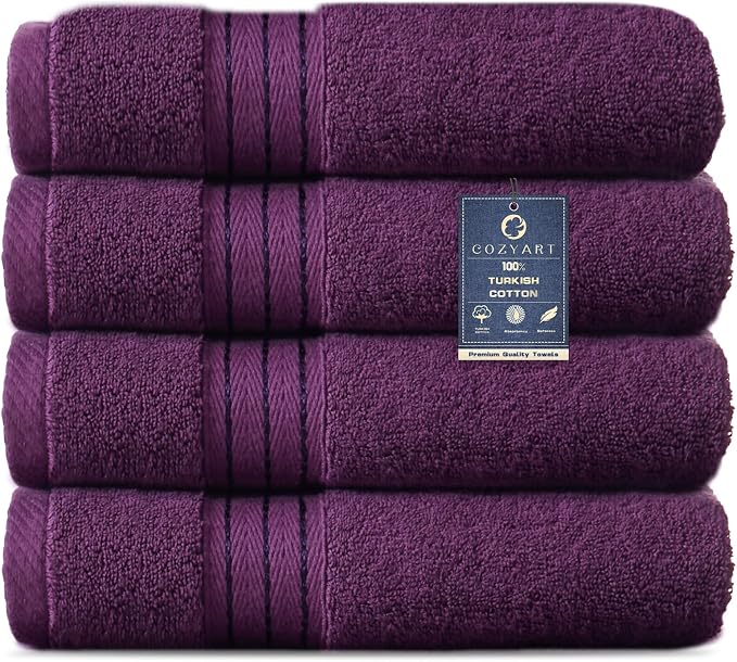 COZYART Luxury Hand Towels 4 PCS, Purple 100% Turkish Cotton 650 GSM | OEKO-Tex 100 Certified Zero Twist Ring Spun, Soft Absorbent Quick Dry, Plush Fluffy, Breathable Hotel Quality for Daily Use