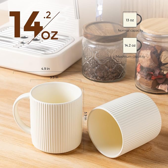 theterra Ceramic Coffee Mugs Set of 6, 14.2oz Handmade Coffee Cups with Handle for Latte, Tea, Milk, Beer, Hot Cocoa, Beige
