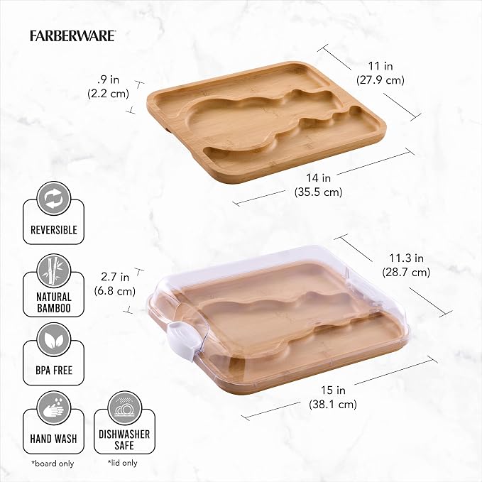 Farberware Build-A-Board Snowman Shaped Bamboo Serving Board with Clear Lid, Make and Take Holiday Charcuterie and Dessert Tray