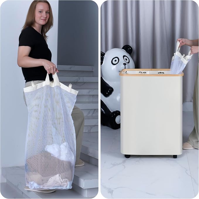 IEGrow Laundry Hamper with Lid,160L Laundry Basket with 3 Mesh Bags,Black | Dirty Clothes Hamper Basket with Bamboo Handle for Clothes Towels