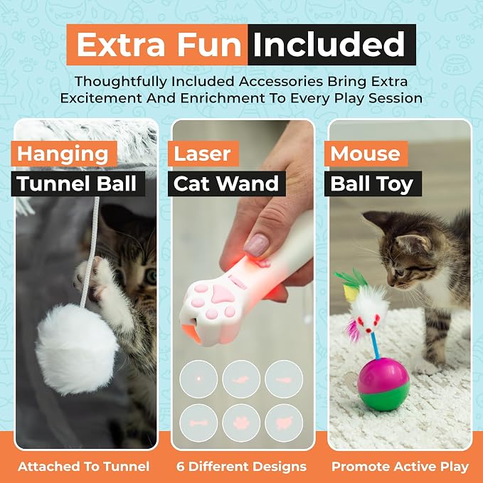 WiskaDen XL Plush Cat Tunnel Bed with Toy and Elderly Feline Access. 3-in-1 Light Grey Fluffy Donut Cushion with Ears. Circle Tube for Indoor Cats Leisure, Hiding Spot, Dog Bed, or Rabbit Cave