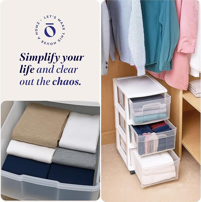 HOMZ Drawer Tower, 3-Tier Rolling Storage Cart with Removable Wheels, White Frame – Plastic Organizer with Clear Bin Drawers for Bedroom, Bathroom, Home Office, and Dorm Room