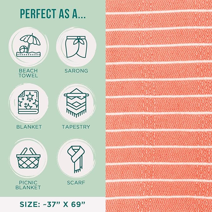 Sand Cloud Turkish Beach Towel - Sand Resistant - 100% Certified Organic Turkish Towel - Quick Dry Towel for Beach, Picnic, Blanket or Bath Towel - As Seen on Shark Tank - Gocek (Coral) (Pack of 2)