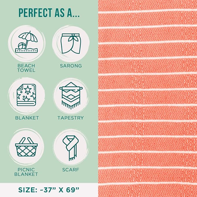 Sand Cloud Turkish Beach Towel - Sand Resistant & Quick Dry Towel | 100% Certified Organic Turkish Towel - Bath Towel or Beach Blanket for Picnic - As Seen on Shark Tank - Gocek (Coral)